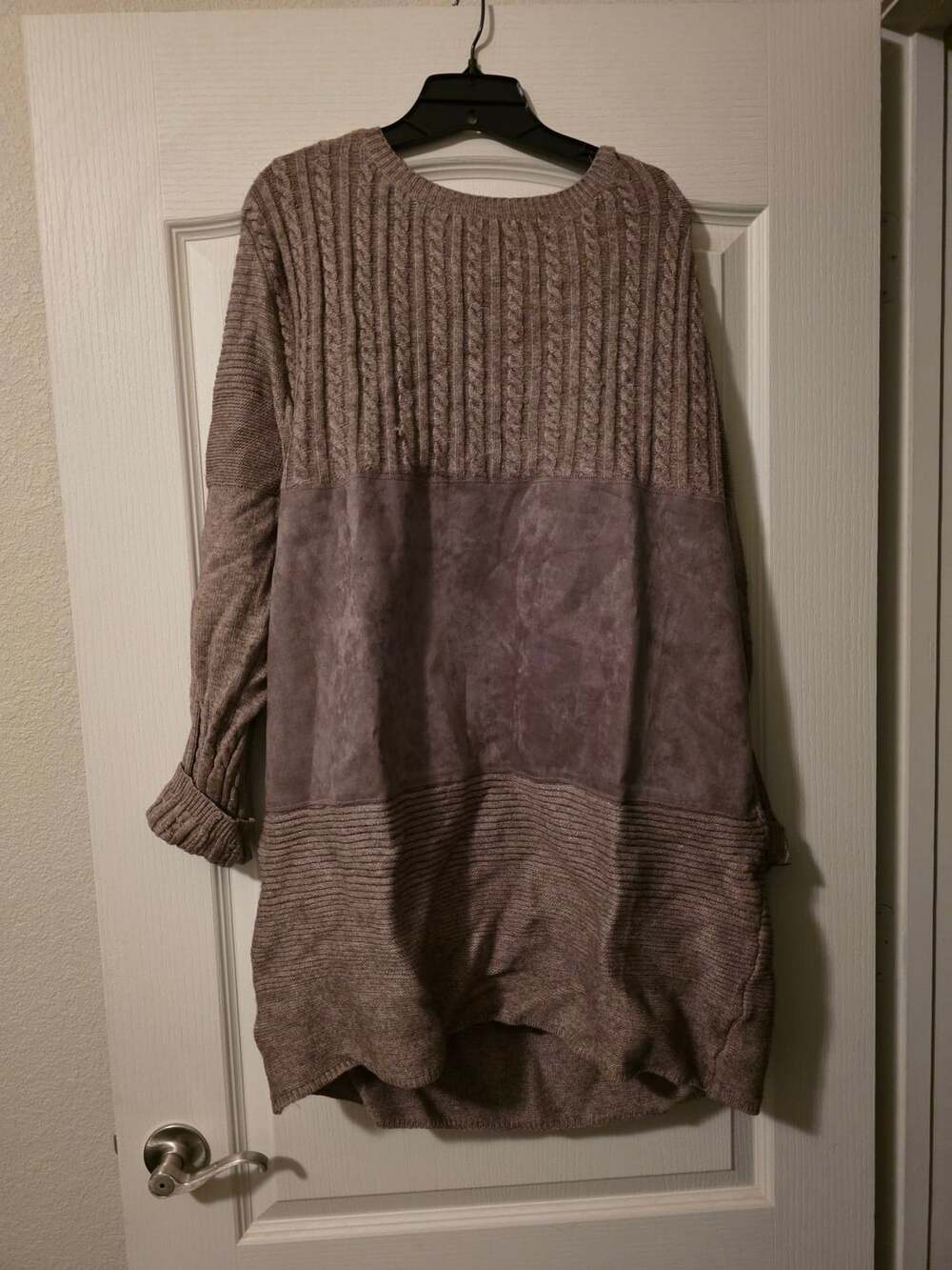 Simply Couture Cable Knit Suede Panel Sweater Tunic Brown 3XL